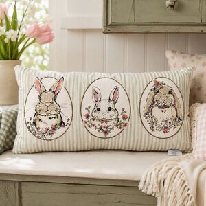 Snuggle Bunny 24x12 Beaded Rabbit Lumbar Throw Pillow Easter Spring Cottagecore